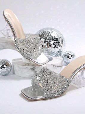 SHEIN Silver Sparkle Rhinestone Block Heel Slides